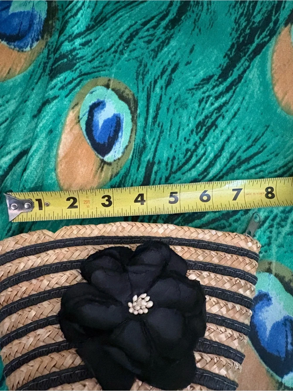 Straw Woven wristlet purse with Black Flower Accent